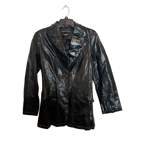 Pamela McCoy  Black Studded Genuine Leather Jacket With Embellished Back Desig - Picture 1 of 6